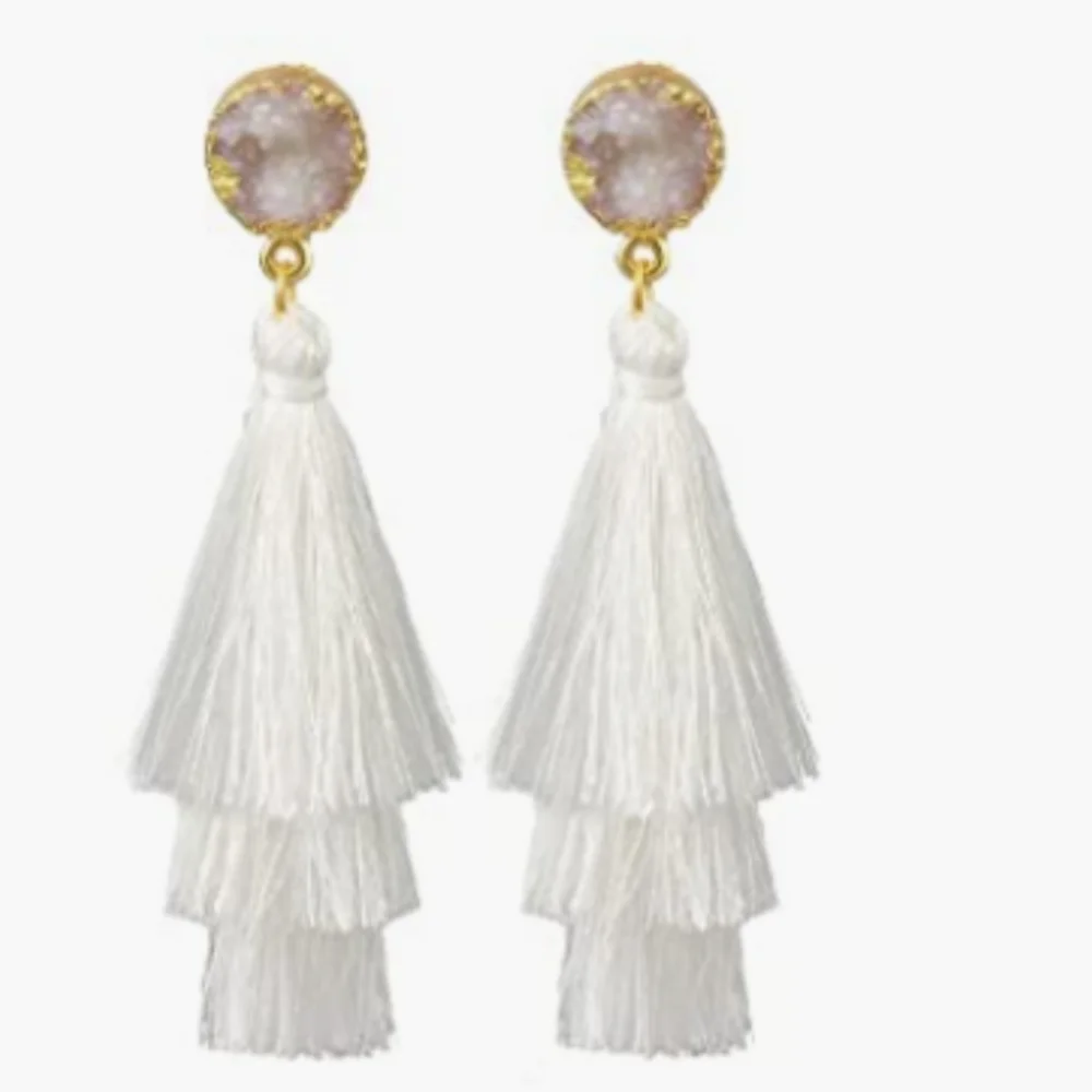 Women's handmade Boho style white tassel earrings with white stone's